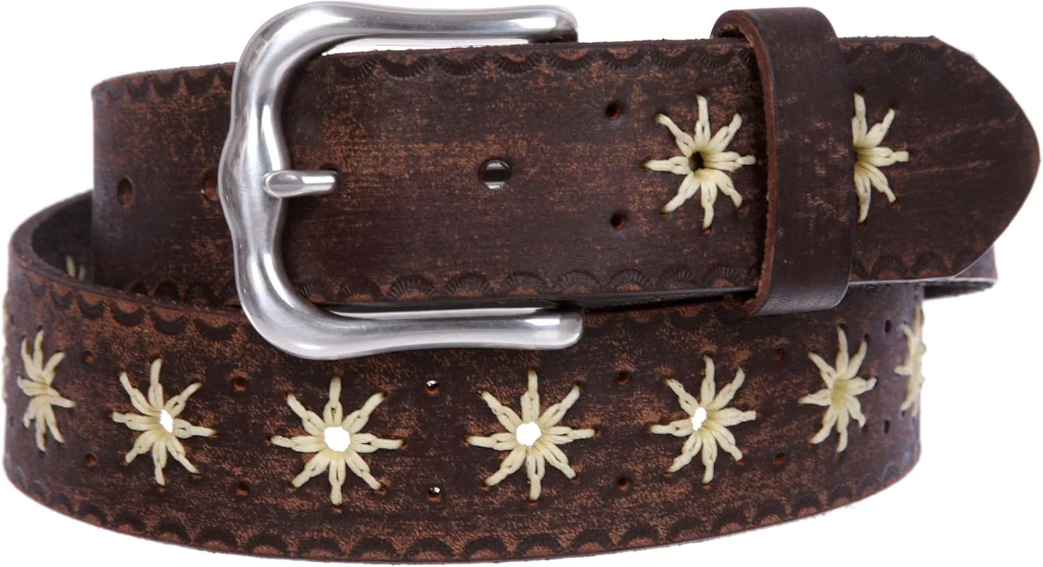 1 1/2" (38 mm) Snap on Western Vintage Embossed Sunflower Leather Belt