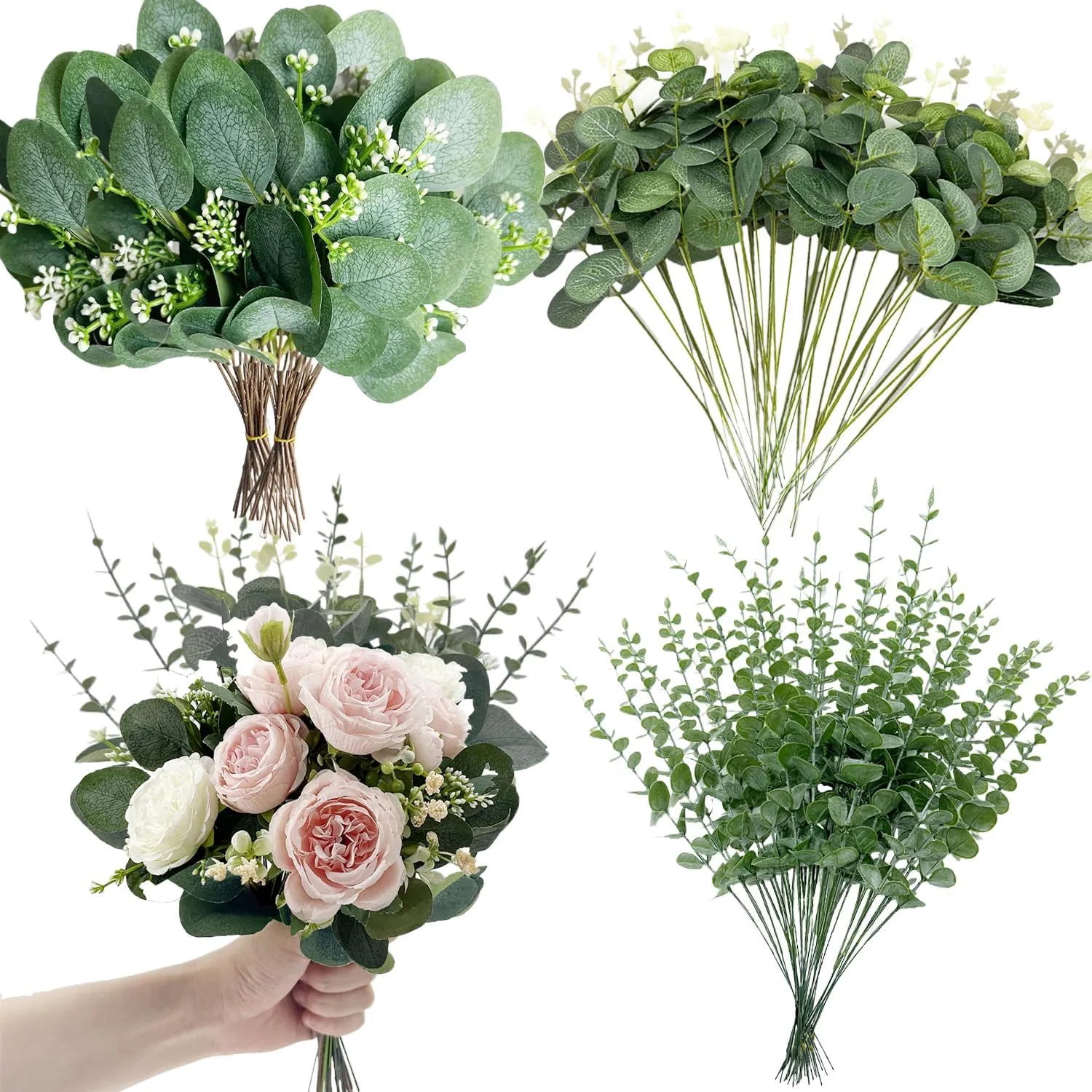 100 Pcs 3 Kinds Mixed Artificial Silver Dollar Eucalyptus Leaves Picks, Faux Eucalyptus Stems Sprays for DIY Bouquets Floral Arrangement Wedding Home Farmhouse Decor