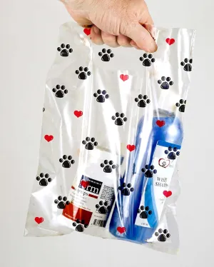 100 Pcs Pet Themed Print Bags — Paw Prints & Hearts, MSP1008 Clear Plastic Scatter Bags, Veterinary Treat Bag for Cat & Dog — Goodie Storage Bags w/Handles for Parties — Black & Red (9 x 12)