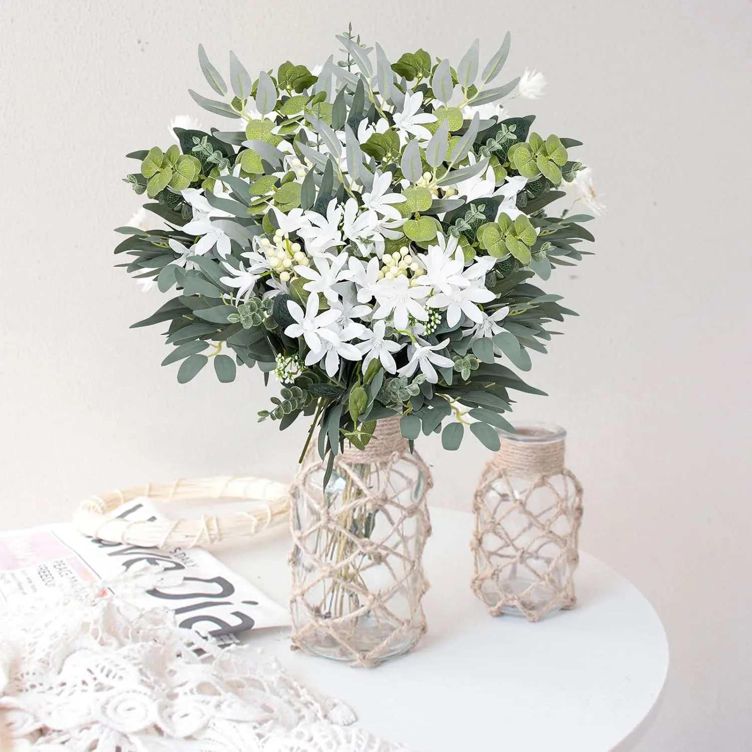 100Pcs 6 Kinds Mixed Artificial Eucalyptus Leaves Stems Bulk, Fake Silver Dollar Eucalyptus Leaves Bundle, Faux Plants Greenery for Wedding DIY Bouquet Floral Arrangement Party Decor Outdoor Indoor