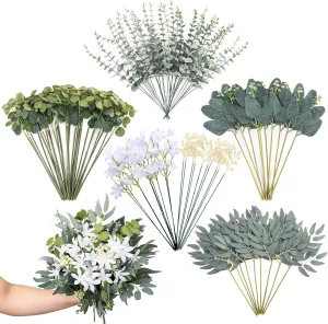 100Pcs 6 Kinds Mixed Artificial Eucalyptus Leaves Stems Bulk, Fake Silver Dollar Eucalyptus Leaves Bundle, Faux Plants Greenery for Wedding DIY Bouquet Floral Arrangement Party Decor Outdoor Indoor