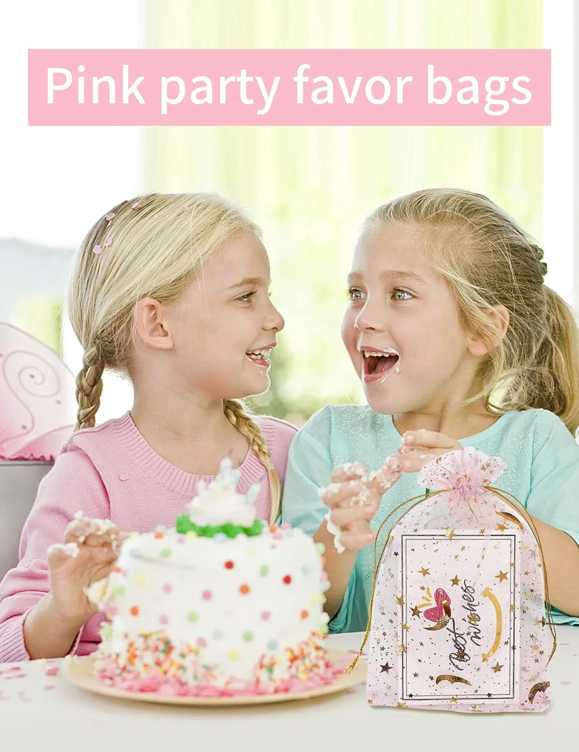 100pcs Moon Star Organza Bags - 4''X6'' Pink Drawstring Jewelry & Gift Bags for Valentine, Wedding, Party Favor & Candy