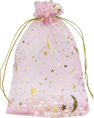 100pcs Moon Star Organza Bags - 4''X6'' Pink Drawstring Jewelry & Gift Bags for Valentine, Wedding, Party Favor & Candy