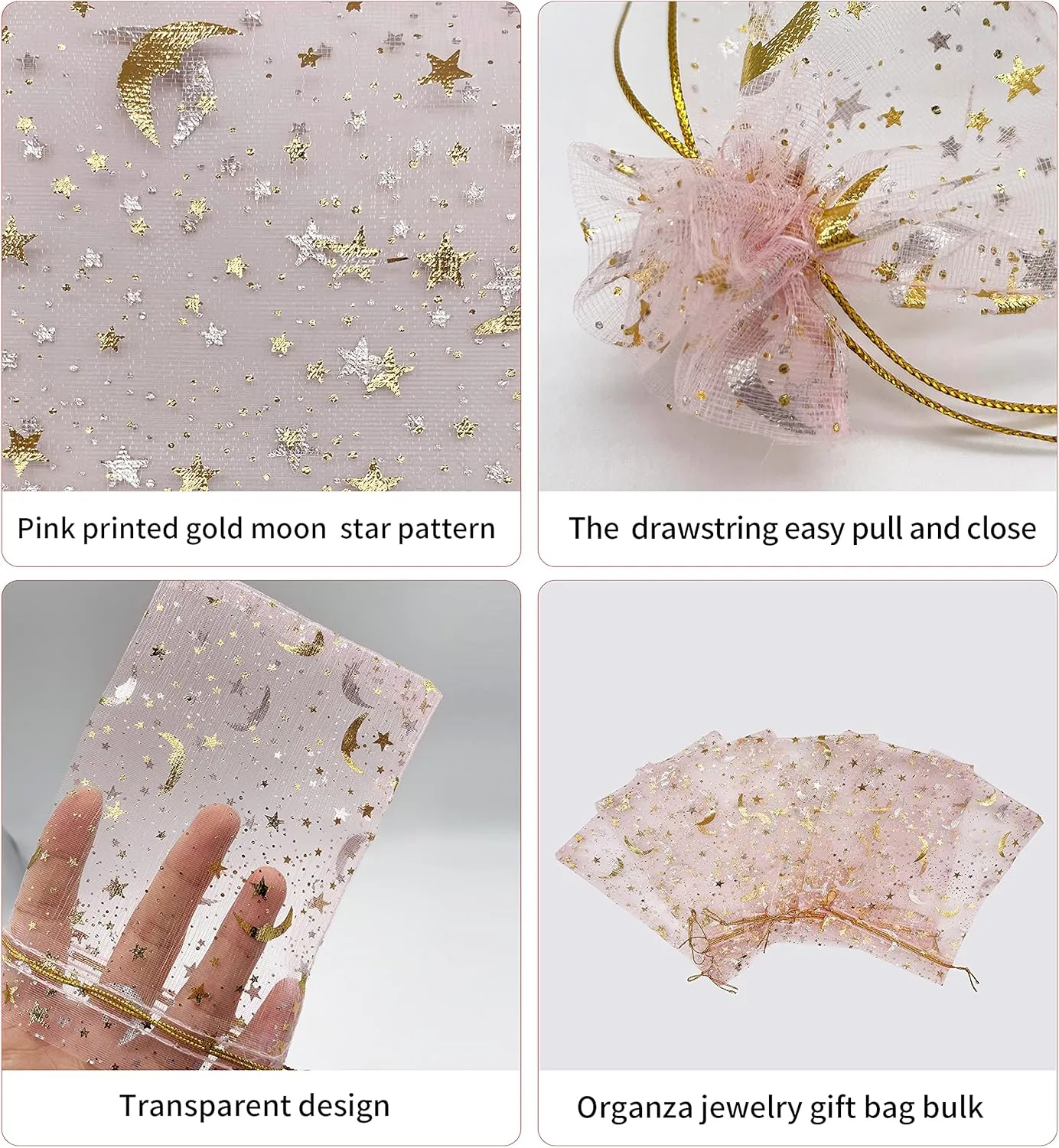 100pcs Moon Star Organza Bags - 4''X6'' Pink Drawstring Jewelry & Gift Bags for Valentine, Wedding, Party Favor & Candy