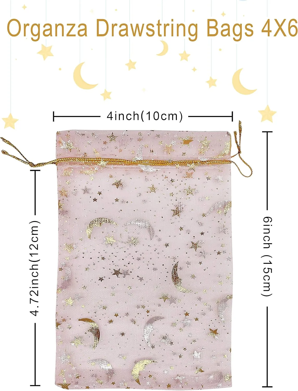 100pcs Moon Star Organza Bags - 4''X6'' Pink Drawstring Jewelry & Gift Bags for Valentine, Wedding, Party Favor & Candy