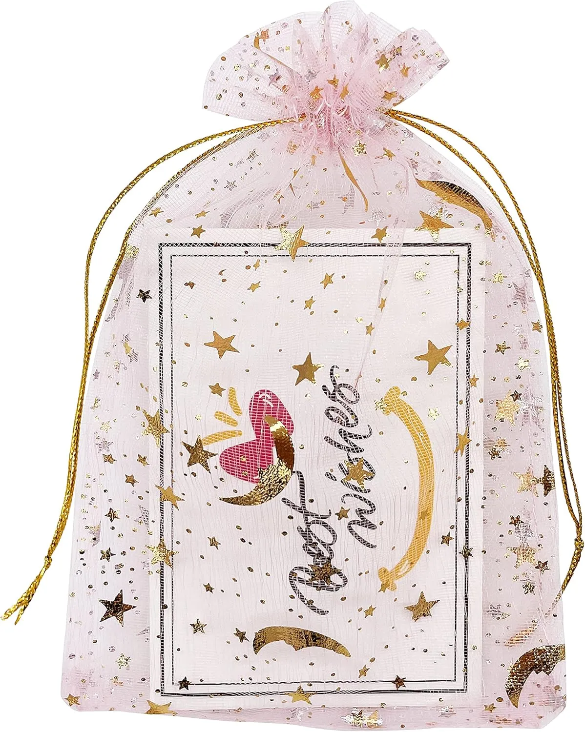 100pcs Moon Star Organza Bags - 4''X6'' Pink Drawstring Jewelry & Gift Bags for Valentine, Wedding, Party Favor & Candy