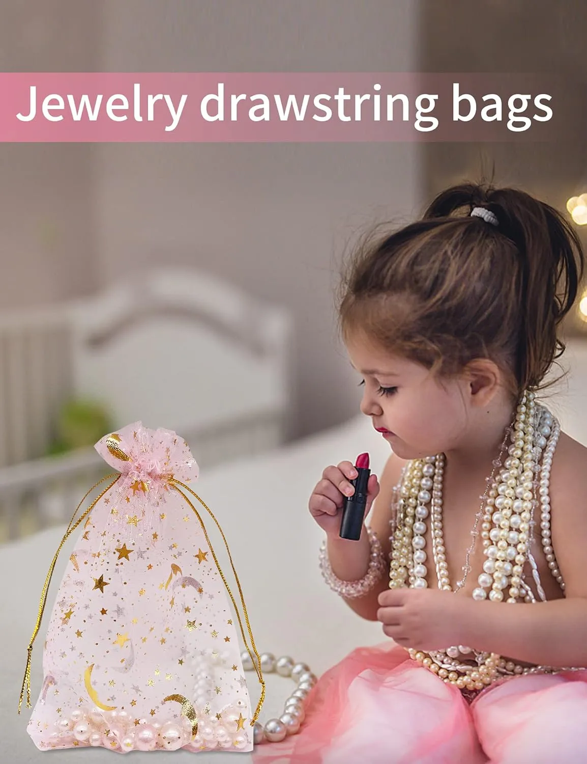 100pcs Moon Star Organza Bags - 4''X6'' Pink Drawstring Jewelry & Gift Bags for Valentine, Wedding, Party Favor & Candy