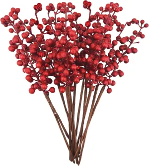 12 Pack Artificial Red Berry Stems Branches, Fake Burgundy Berry Picks Holly Berries for Christmas Tree Xmas Valenintes Wreath Decorations Floral Arrangements Home Holiday DIY Crafts Decor