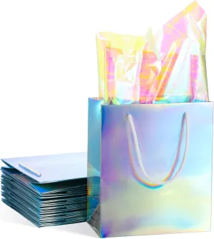 12 Pcs Holographic Silver Gift Bags Iridescent Party Bags with Handles and 20 Pcs Rainbow Glossy Clear Film Cellophane Sheets Reflective Wrapping Paper for Party Supplies