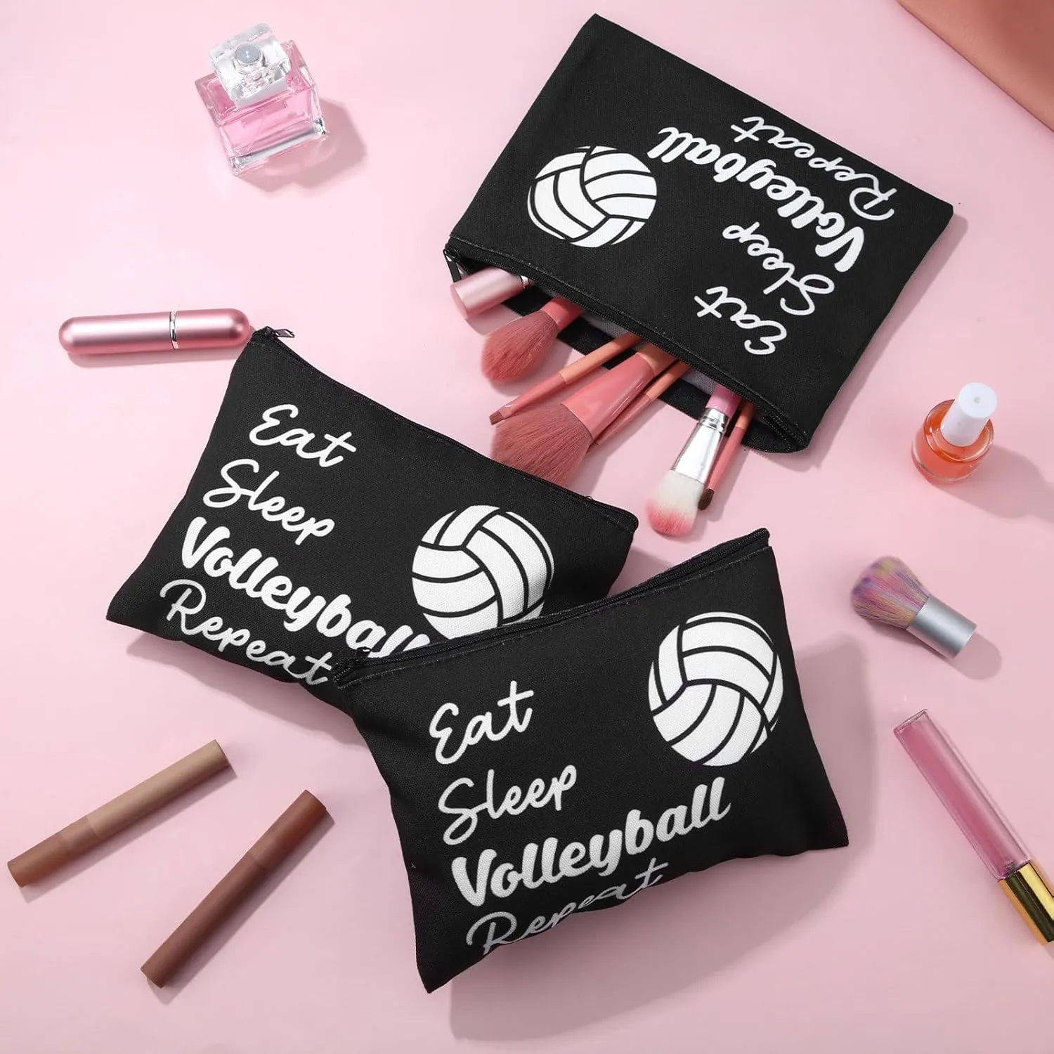 12 Pcs Makeup Bag Cosmetic Bag Gifts for Women Portable Canvas Zipper Pouch Travel Toiletry Organizer Case for Women Team Party Favors(Volleyball)