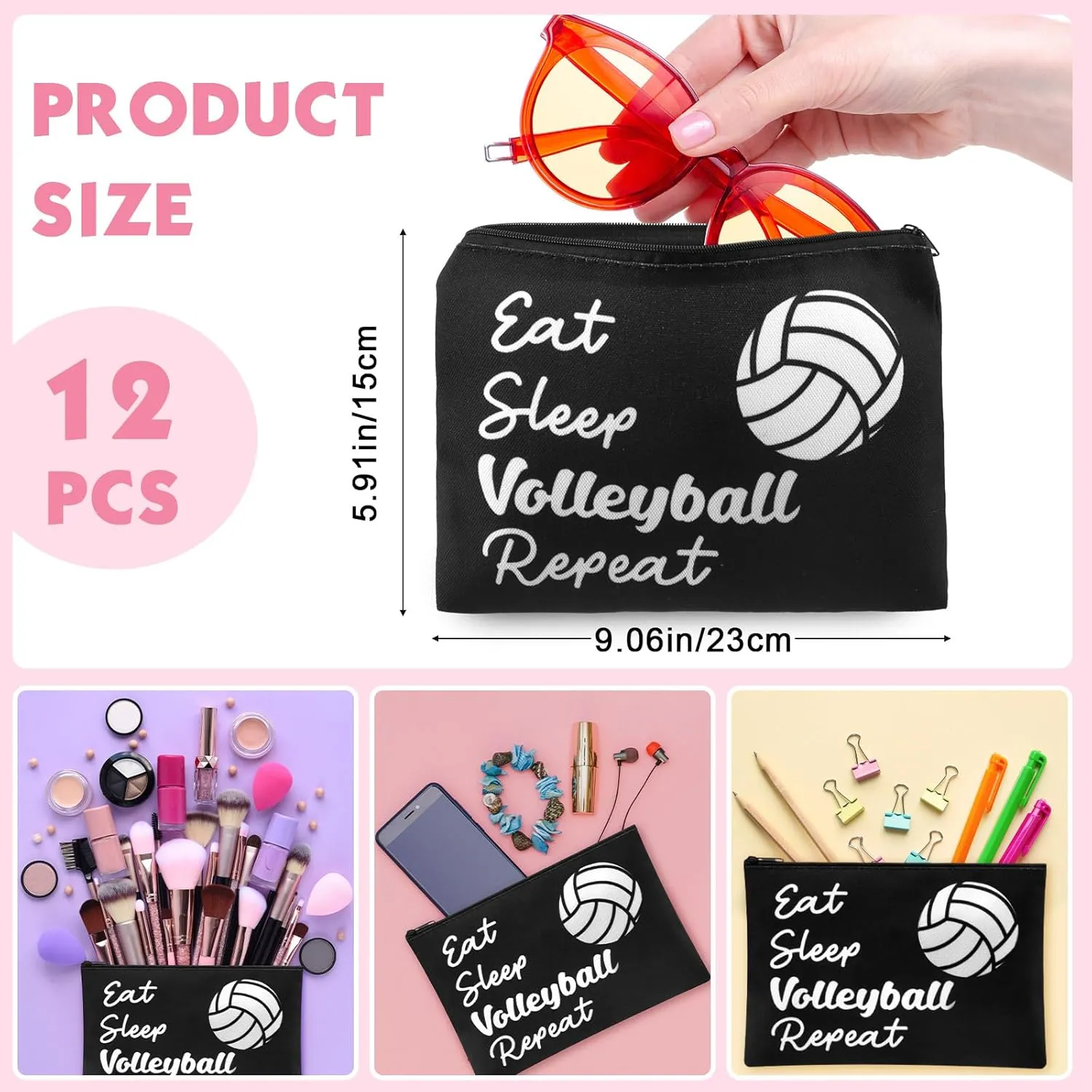 12 Pcs Makeup Bag Cosmetic Bag Gifts for Women Portable Canvas Zipper Pouch Travel Toiletry Organizer Case for Women Team Party Favors(Volleyball)