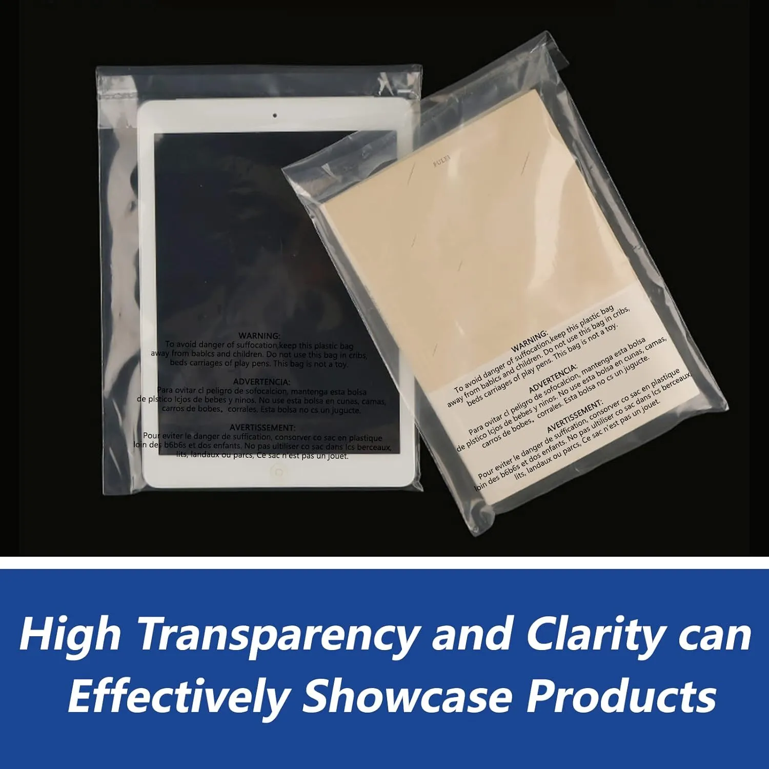 12" x 15" (100 Count) - Clear Poly Bags with Suffocation Warning Self Seal for Packaging, Shirts, Clothing & FBA - Permanent Adhesive