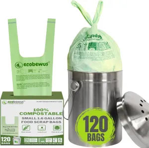 1.6 Gallon 100% Compostable Bags Handle Tie (120 Bags) Small Disposable Compost Trash Bags Food Scrap Garbage Bags US BPI Certified TUV OK Compost Home Certified Meeting ASTM D6400 (120 ct.)