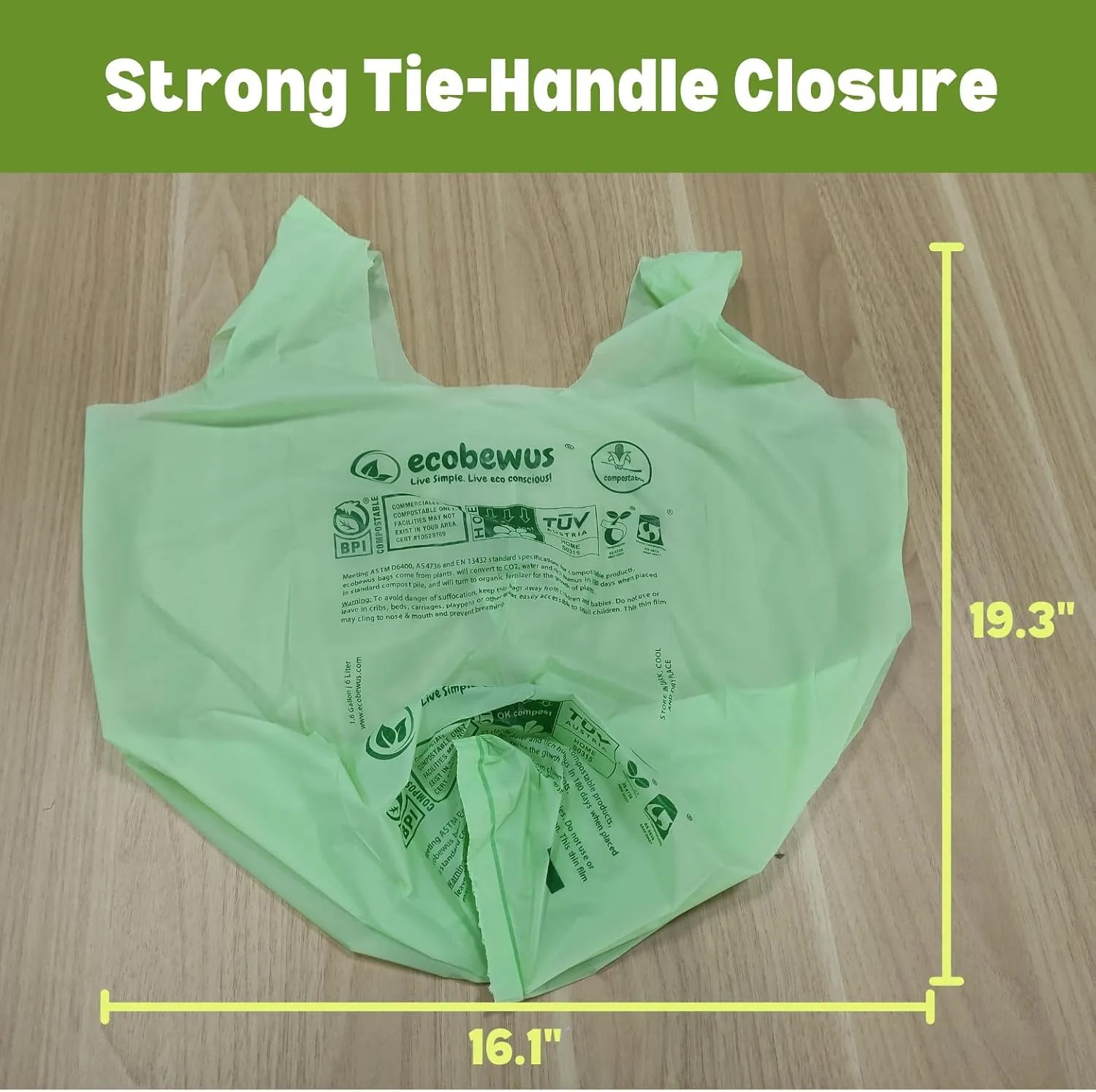 1.6 Gallon 100% Compostable Bags Handle Tie (120 Bags) Small Disposable Compost Trash Bags Food Scrap Garbage Bags US BPI Certified TUV OK Compost Home Certified Meeting ASTM D6400 (120 ct.)