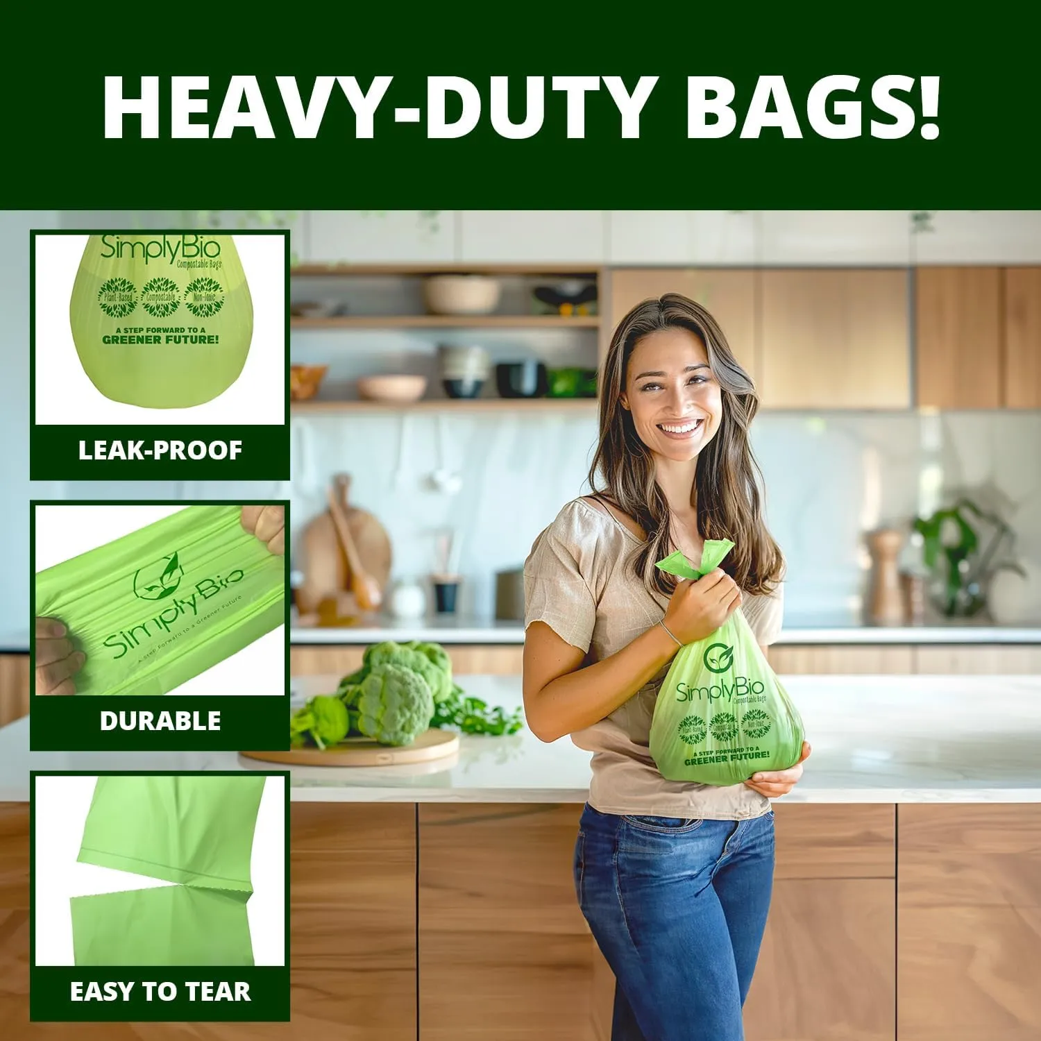 1.6 Gallon Compostable Trash Bags Liners Handle, Heavy Duty Extra Thick 0.6 Mil, 6.06 Liter, 50 Bags, Small Kitchen Food Scrap Waste Bag, ASTM D6400, US BPI and OK Compost Home Certified