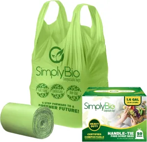 1.6 Gallon Compostable Trash Bags Liners Handle, Heavy Duty Extra Thick 0.6 Mil, 6.06 Liter, 50 Bags, Small Kitchen Food Scrap Waste Bag, ASTM D6400, US BPI and OK Compost Home Certified