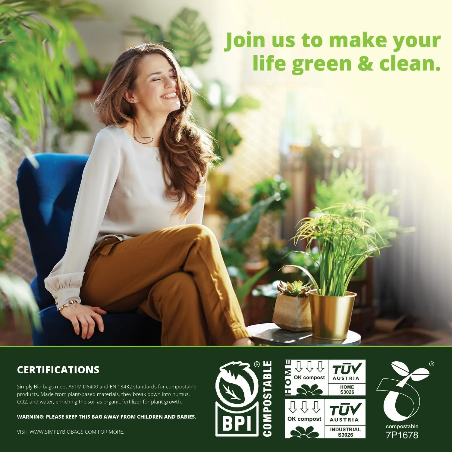 1.6 Gallon Compostable Trash Bags Liners Handle, Heavy Duty Extra Thick 0.6 Mil, 6.06 Liter, 50 Bags, Small Kitchen Food Scrap Waste Bag, ASTM D6400, US BPI and OK Compost Home Certified