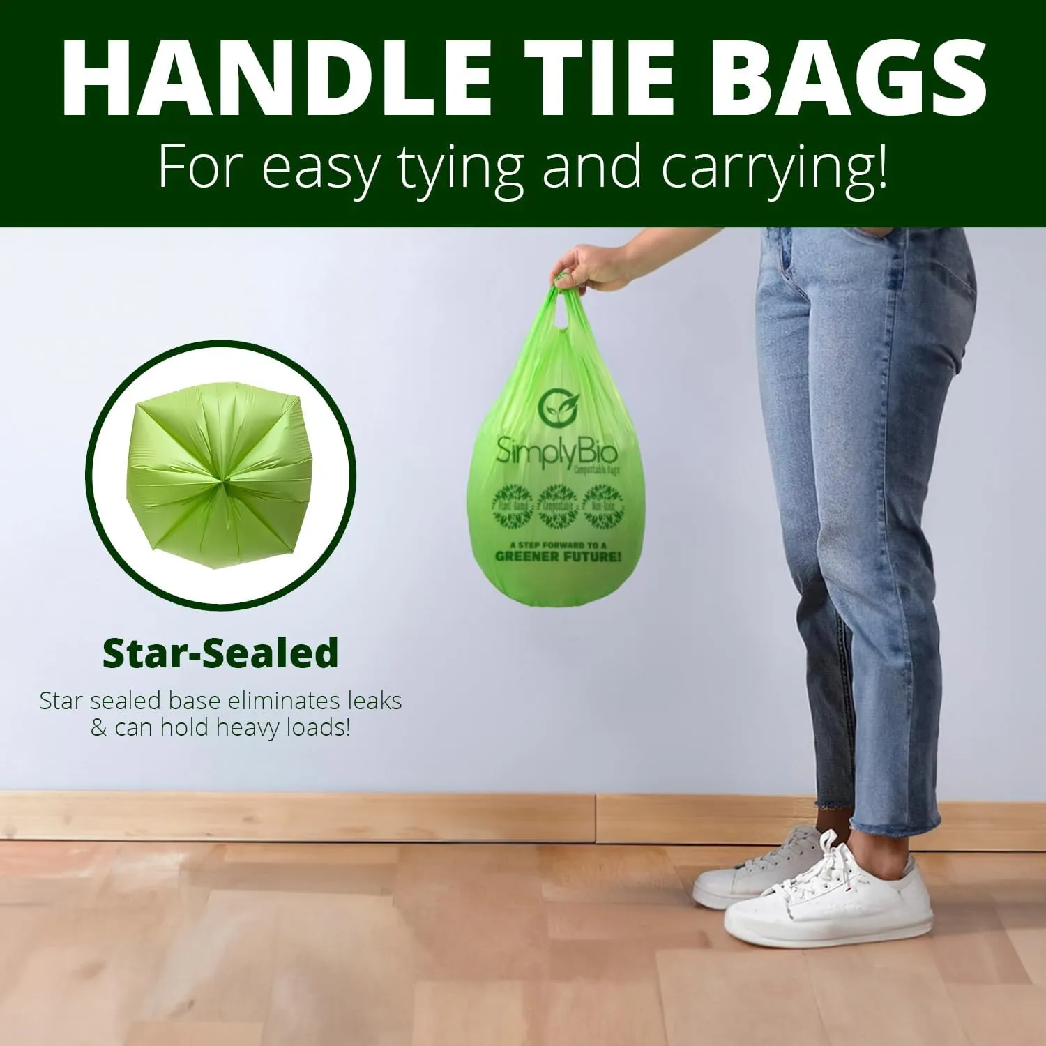 1.6 Gallon Compostable Trash Bags Liners Handle, Heavy Duty Extra Thick 0.6 Mil, 6.06 Liter, 50 Bags, Small Kitchen Food Scrap Waste Bag, ASTM D6400, US BPI and OK Compost Home Certified
