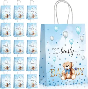 16 Pack Bear Baby Shower Bags with Handles - Party Bags with Bear, Star, Flower Designs for Kids Birthday and Baby Shower Favors