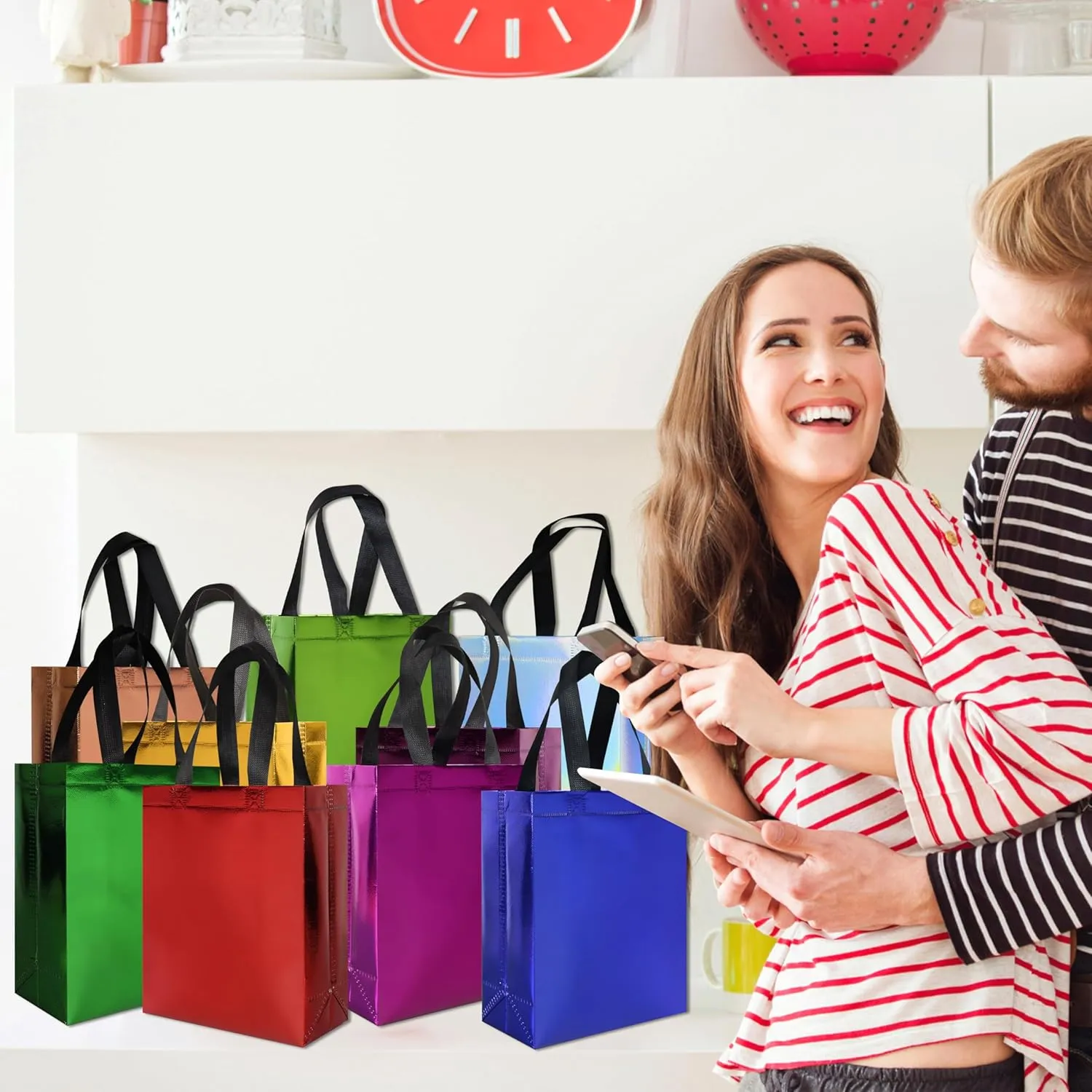 18 Pcs Multicolor Small Gift Bags Bulk, 8 x 3.9 x 9.8 In Glossy Non-woven Party Bags, Reusable Goodie Bag with Sturdy Base for Birthday, Wedding, Party, Holiday- 9 Colors