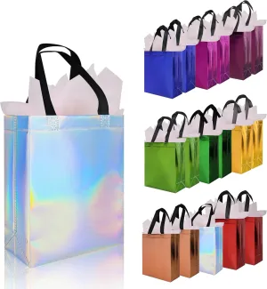 18 Pcs Multicolor Small Gift Bags Bulk, 8 x 3.9 x 9.8 In Glossy Non-woven Party Bags, Reusable Goodie Bag with Sturdy Base for Birthday, Wedding, Party, Holiday- 9 Colors