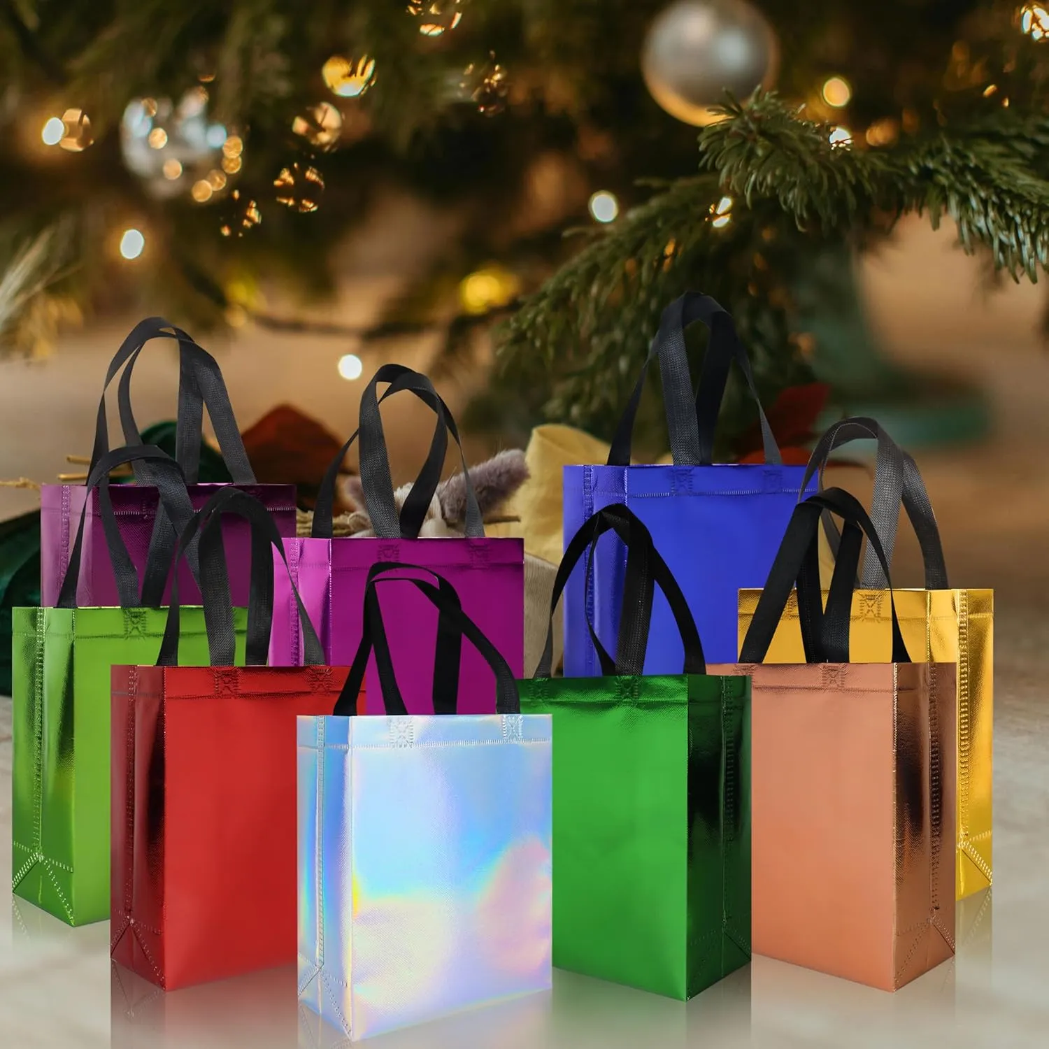 18 Pcs Multicolor Small Gift Bags Bulk, 8 x 3.9 x 9.8 In Glossy Non-woven Party Bags, Reusable Goodie Bag with Sturdy Base for Birthday, Wedding, Party, Holiday- 9 Colors