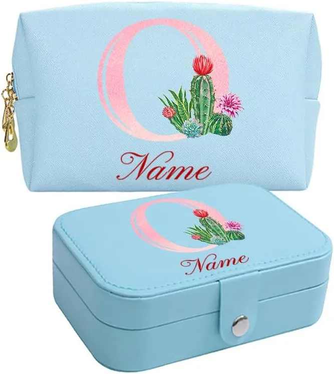 2-In-1 Initial Floral Monogram Personalized Name Jewelry Box and Makeup Bag Set Gift For Mother Bridesmaids Friends Teachers(pink-O)