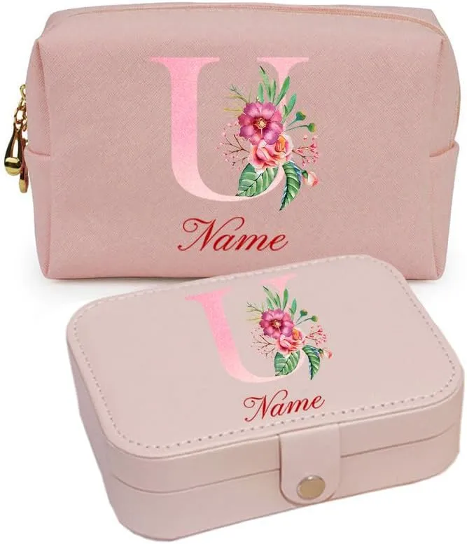 2-In-1 Initial Floral Monogram Personalized Name Jewelry Box and Makeup Bag Set Gift For Mother Bridesmaids Friends Teachers(pink-O)