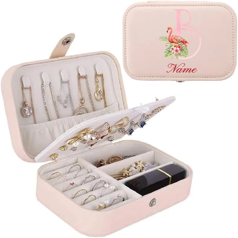 2-In-1 Initial Floral Monogram Personalized Name Jewelry Box and Makeup Bag Set Gift For Mother Bridesmaids Friends Teachers(pink-O)
