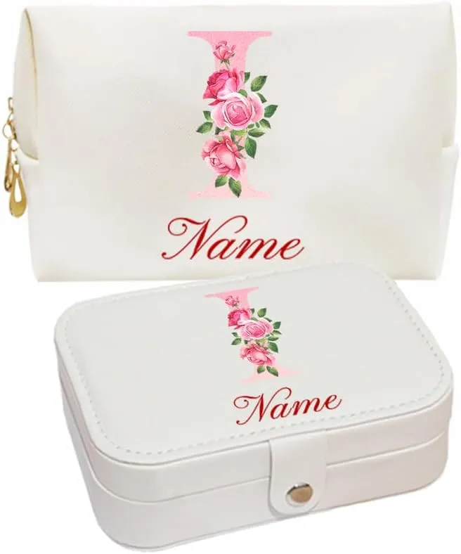 2-In-1 Initial Floral Monogram Personalized Name Jewelry Box and Makeup Bag Set Gift For Mother Bridesmaids Friends Teachers(pink-O)