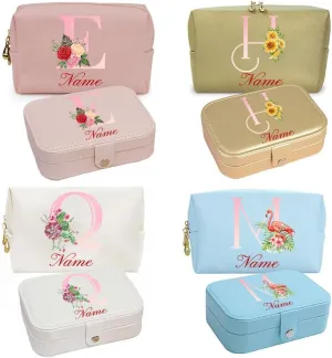 2-In-1 Initial Floral Monogram Personalized Name Jewelry Box and Makeup Bag Set Gift For Mother Bridesmaids Friends Teachers(pink-O)