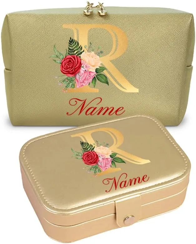 2-In-1 Initial Floral Monogram Personalized Name Jewelry Box and Makeup Bag Set Gift For Mother Bridesmaids Friends Teachers(pink-O)