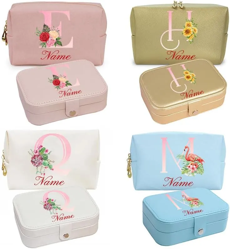 2-In-1 Initial Floral Monogram Personalized Name Jewelry Box and Makeup Bag Set Gift For Mother Bridesmaids Friends Teachers(pink-O)