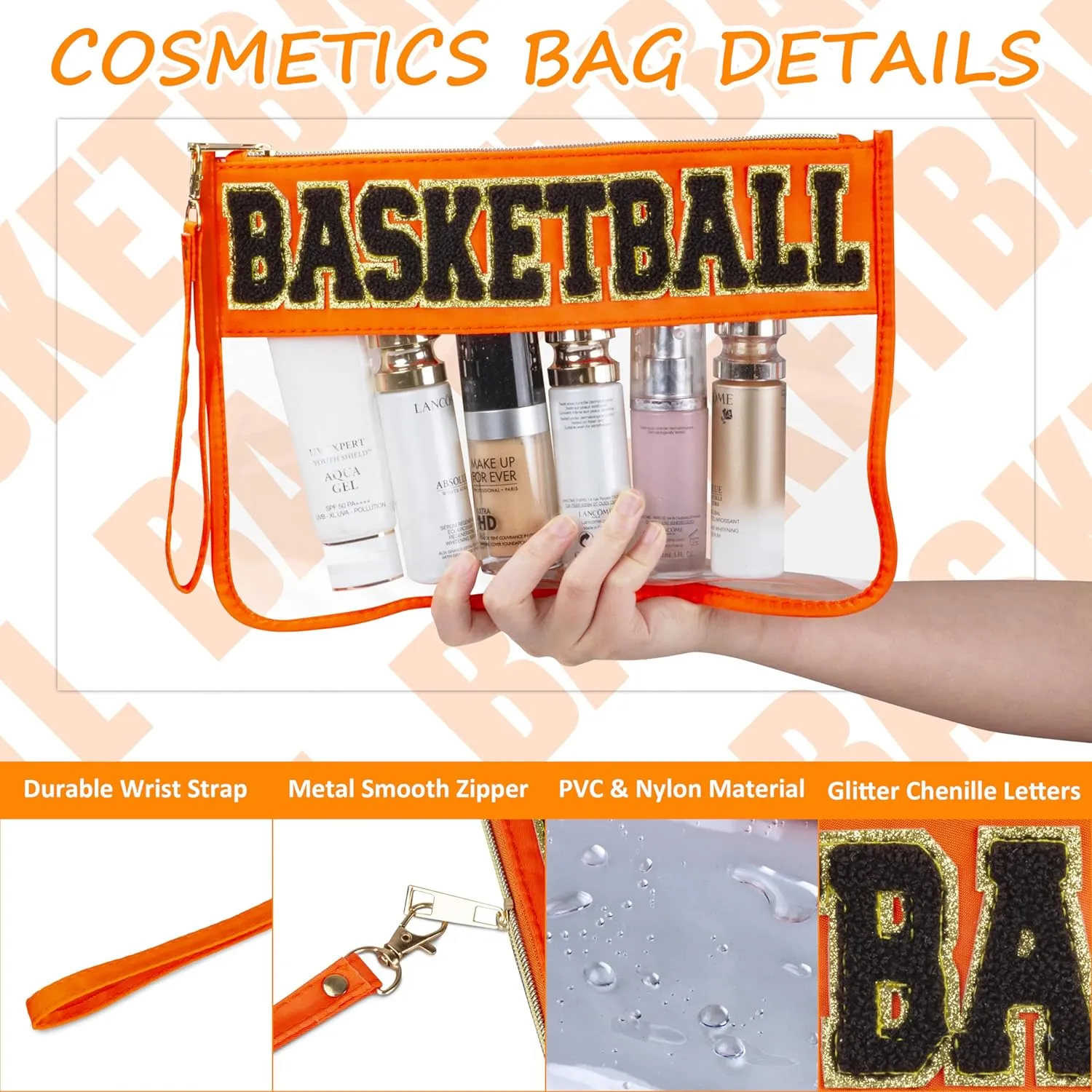 2 Pcs Basketball Gifts Makeup Bag with Chenille Letter Patch, Clear Cosmetic Pouch PVC Organizer Purse, Waterproof Travel Bag, Portable Toiletry Storage Bag for Her Girls Friends Women