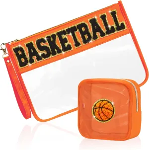 2 Pcs Basketball Gifts Makeup Bag with Chenille Letter Patch, Clear Cosmetic Pouch PVC Organizer Purse, Waterproof Travel Bag, Portable Toiletry Storage Bag for Her Girls Friends Women