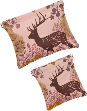 2 Pcs Faux Leather Makeup Bag for Purse, Small Makeup Pouch for Purse, Waterproof Mini Bag Purse, Travel Makeup Bag for Cosmetics Jewelry, Fall Floral Elk Artistic Modern