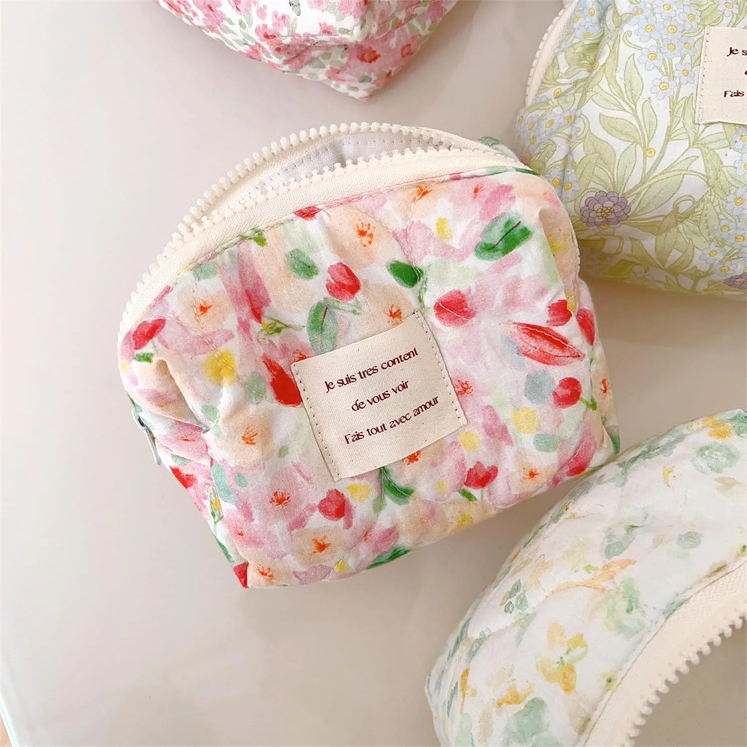 2 Pcs Floral Makeup Bag Large Travel Cotton Quilted Cosmetic Makeup Bag Organizer, Cute Coquette Aesthetic Zipper Portable Pouch Purse Storage Toiletry Bag for Women Girls accessories