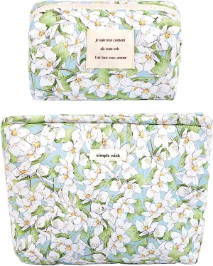 2 Pcs Floral Makeup Bag Large Travel Cotton Quilted Cosmetic Makeup Bag Organizer, Cute Coquette Aesthetic Zipper Portable Pouch Purse Storage Toiletry Bag for Women Girls accessories