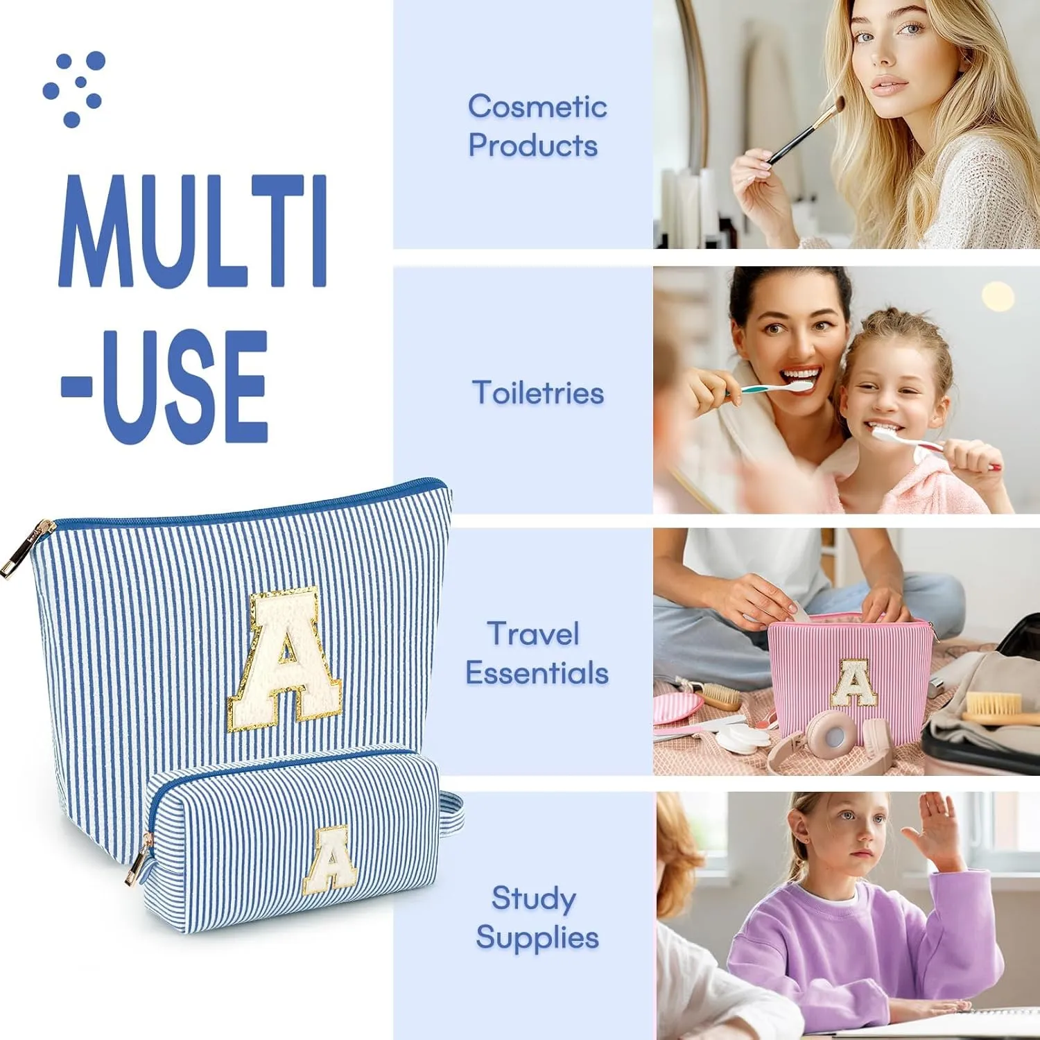 2 PCS Initial Makeup Bags for Women: Cosmetic Bag for Travel Toiletry - Birthday Gifts for 11 12 13 14 15 16 17 18 Years Old Girl Graduation Teacher Gift- Teen Girl Gifts Trendy Stuff - Blue A