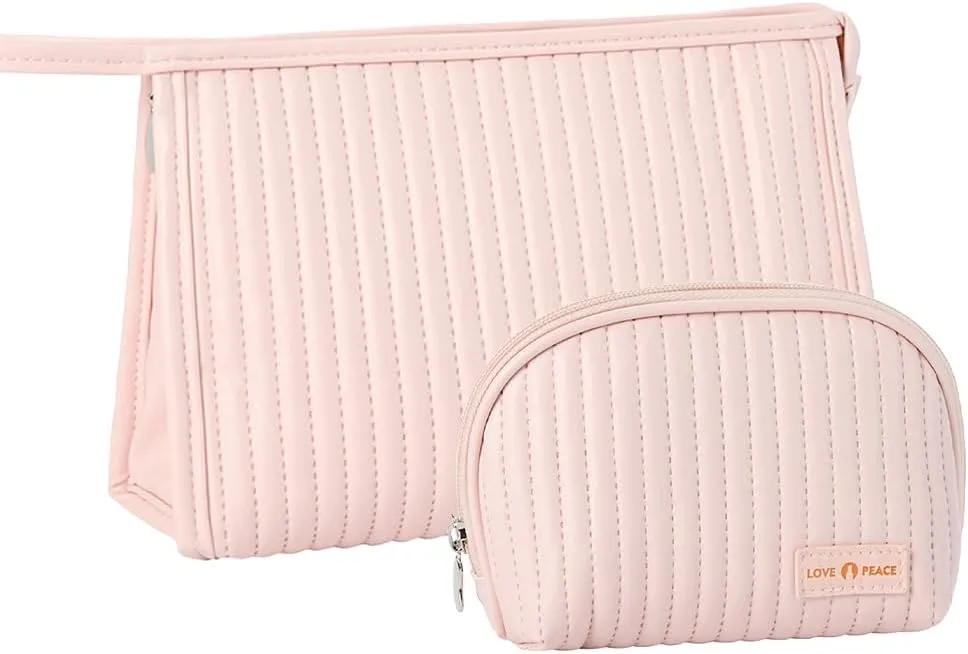 2 Pcs Makeup Bag, Pink Quilted Makeup Bag, Wristlet Makeup Clutch Bag for Travel, Purse Essentials (Pink)