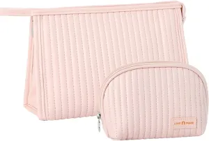 2 Pcs Makeup Bag, Pink Quilted Makeup Bag, Wristlet Makeup Clutch Bag for Travel, Purse Essentials (Pink)