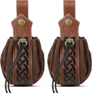 2 Pcs Medieval Faux Leather Pouch Portable Drawstring Purse Medieval Belt Pouch Vintage Renaissance Belt Pouch Dice Bag for Men Women Costume Accessories (Brown)