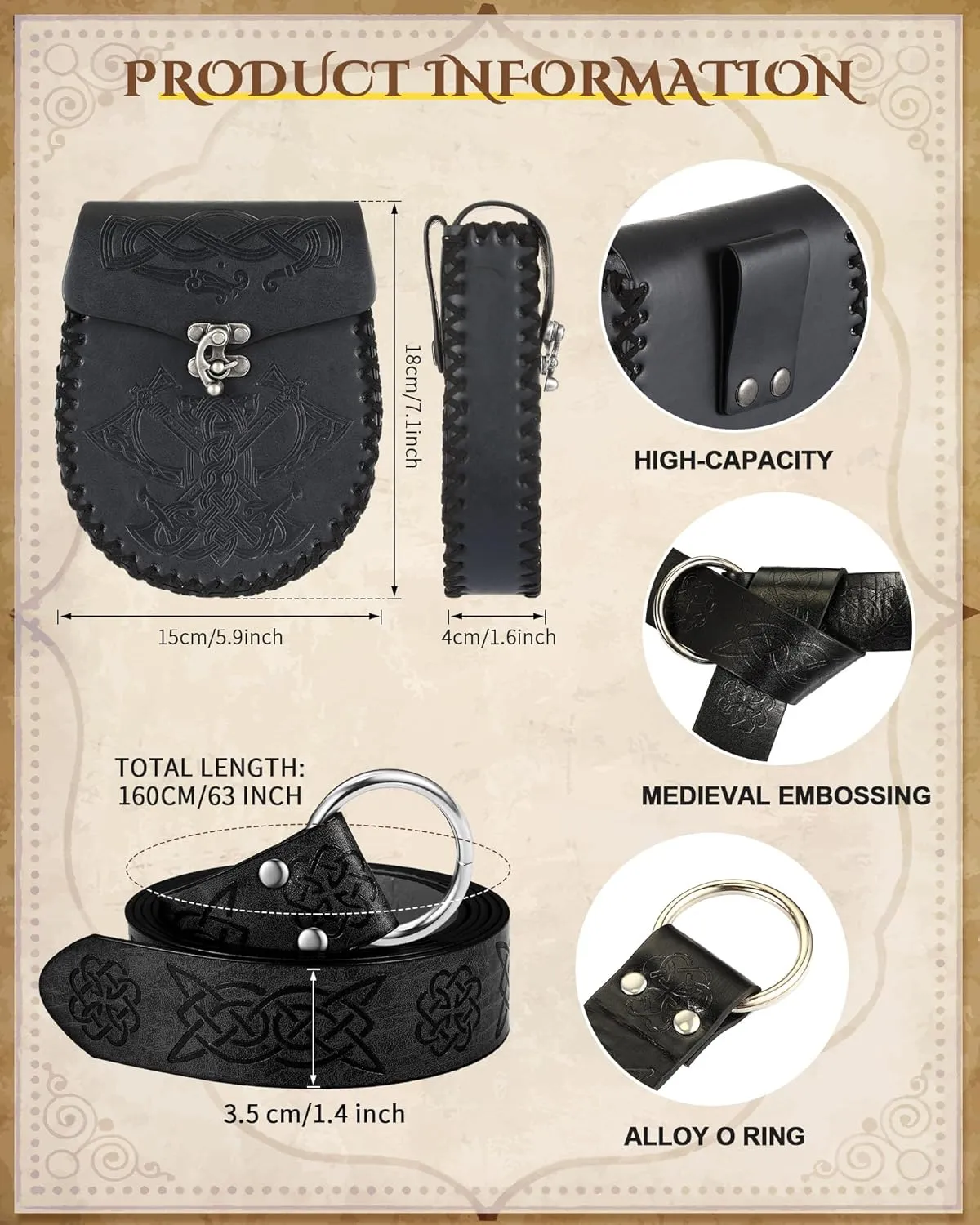 2 Pcs Medieval Viking Belt Leather PU Viking Belt Pouch for Retro Medieval Bag Side Pack Renaissance Accessories