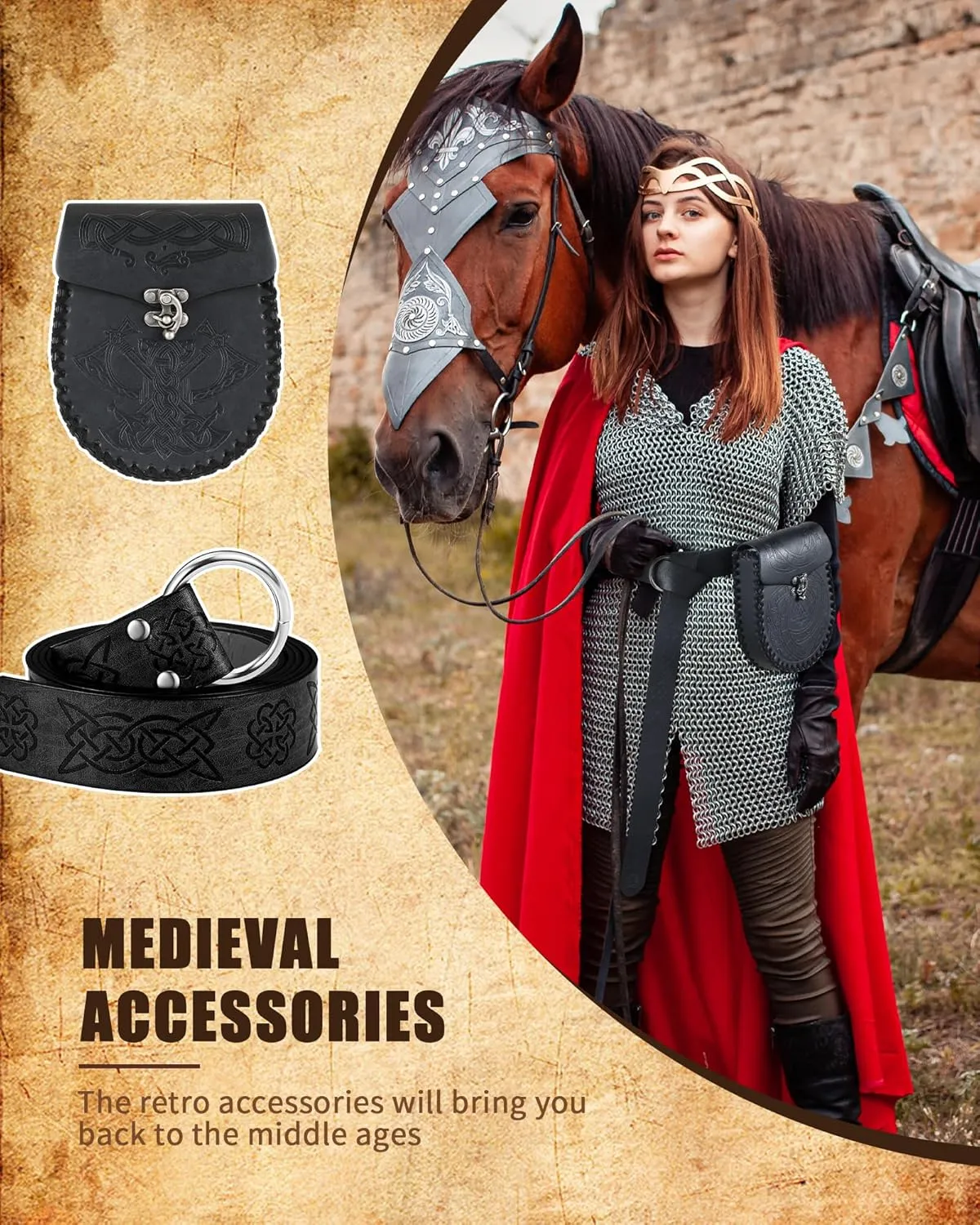 2 Pcs Medieval Viking Belt Leather PU Viking Belt Pouch for Retro Medieval Bag Side Pack Renaissance Accessories