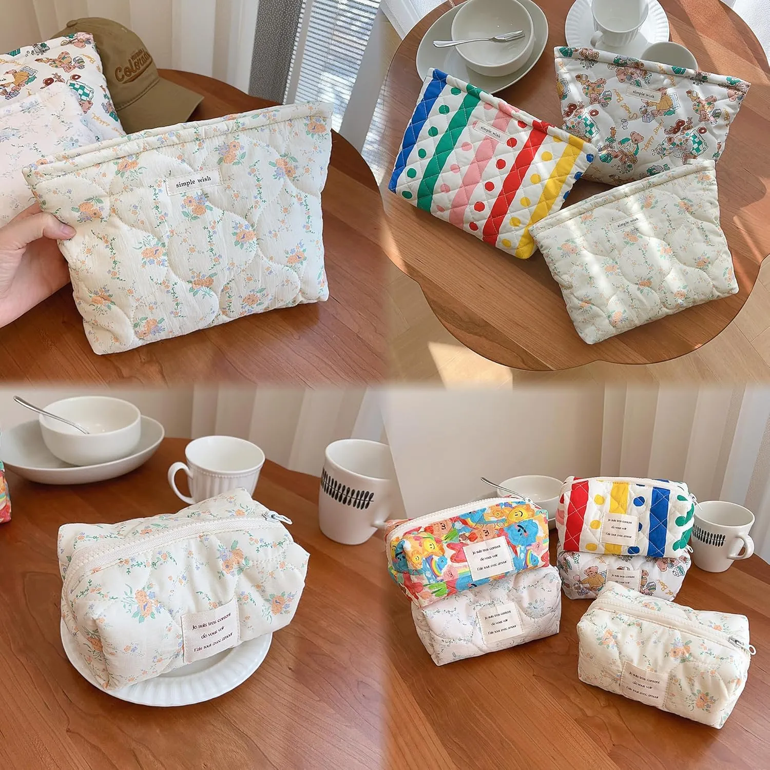 2 Pieces Floral Makeup Bag, Cute Travel Quilted Pouch Cosmetic Bag Organizer, Small Cotton Coquette Aesthetic Purse Toiletry Bag for Women Girls accessories (2PCS-Beige Floral)