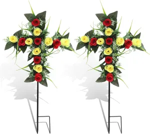 2 Sets Artificial Cemetery Flowers,Cemetery Flowers for Grave,Memorial Rose Flowers Bouquet Graveyard Cross Stake for Grave Decoration (Red Yellow)