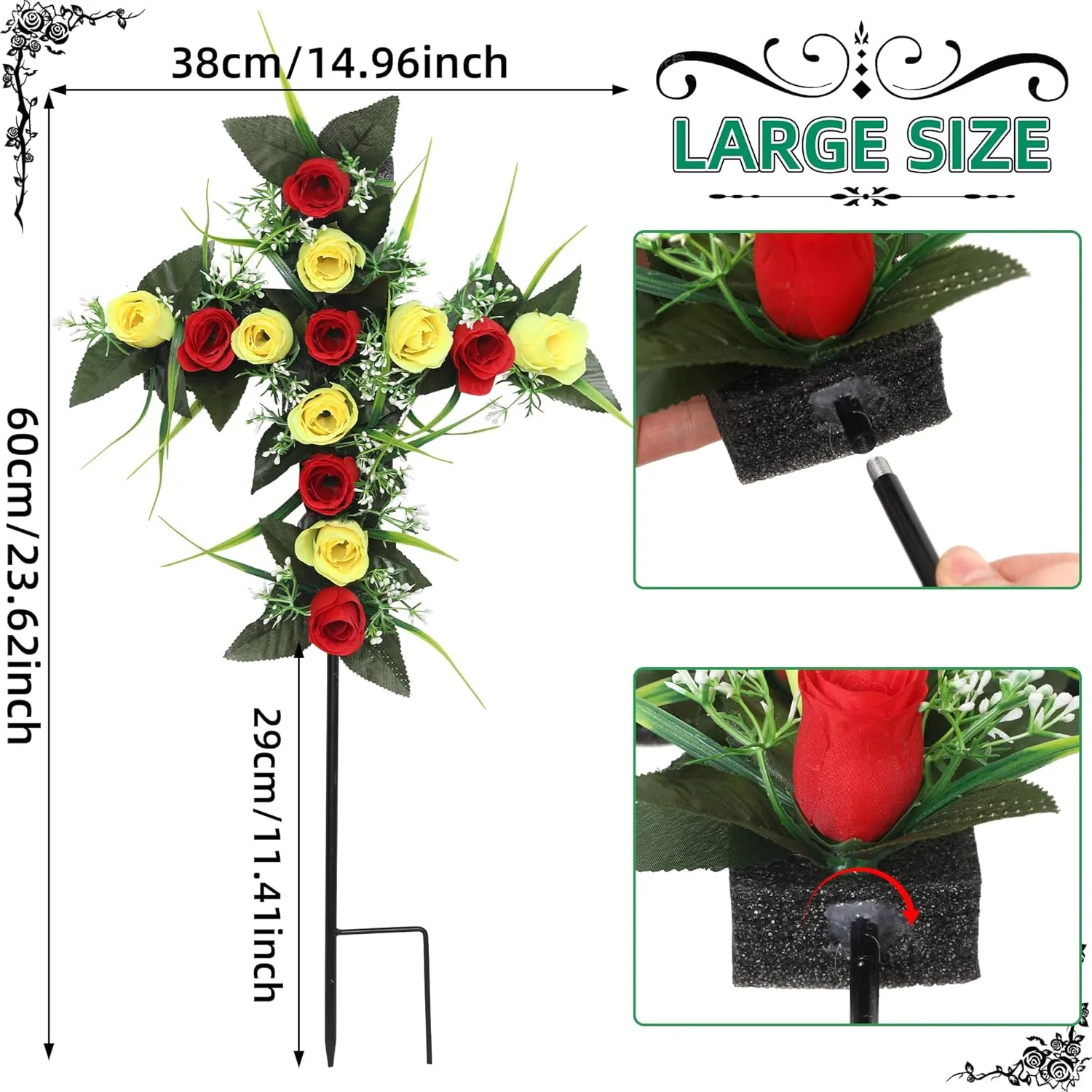 2 Sets Artificial Cemetery Flowers,Cemetery Flowers for Grave,Memorial Rose Flowers Bouquet Graveyard Cross Stake for Grave Decoration (Red Yellow)