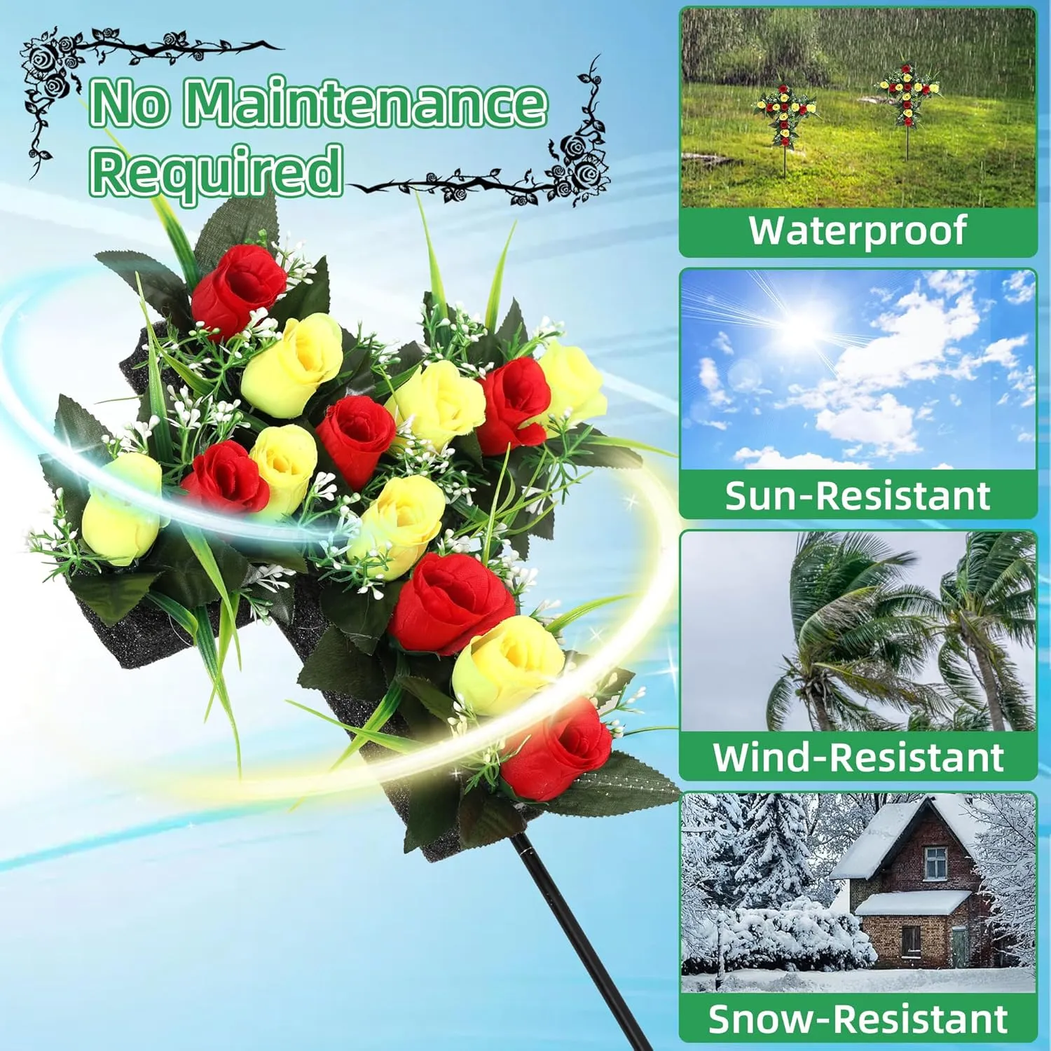2 Sets Artificial Cemetery Flowers,Cemetery Flowers for Grave,Memorial Rose Flowers Bouquet Graveyard Cross Stake for Grave Decoration (Red Yellow)