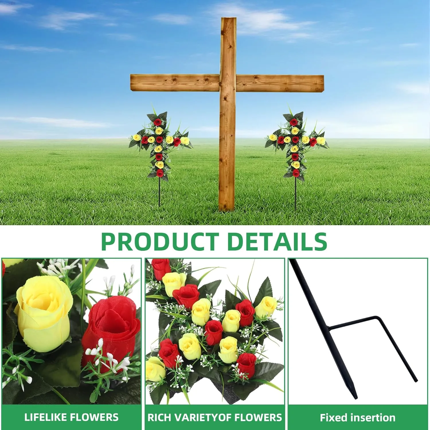 2 Sets Artificial Cemetery Flowers,Cemetery Flowers for Grave,Memorial Rose Flowers Bouquet Graveyard Cross Stake for Grave Decoration (Red Yellow)