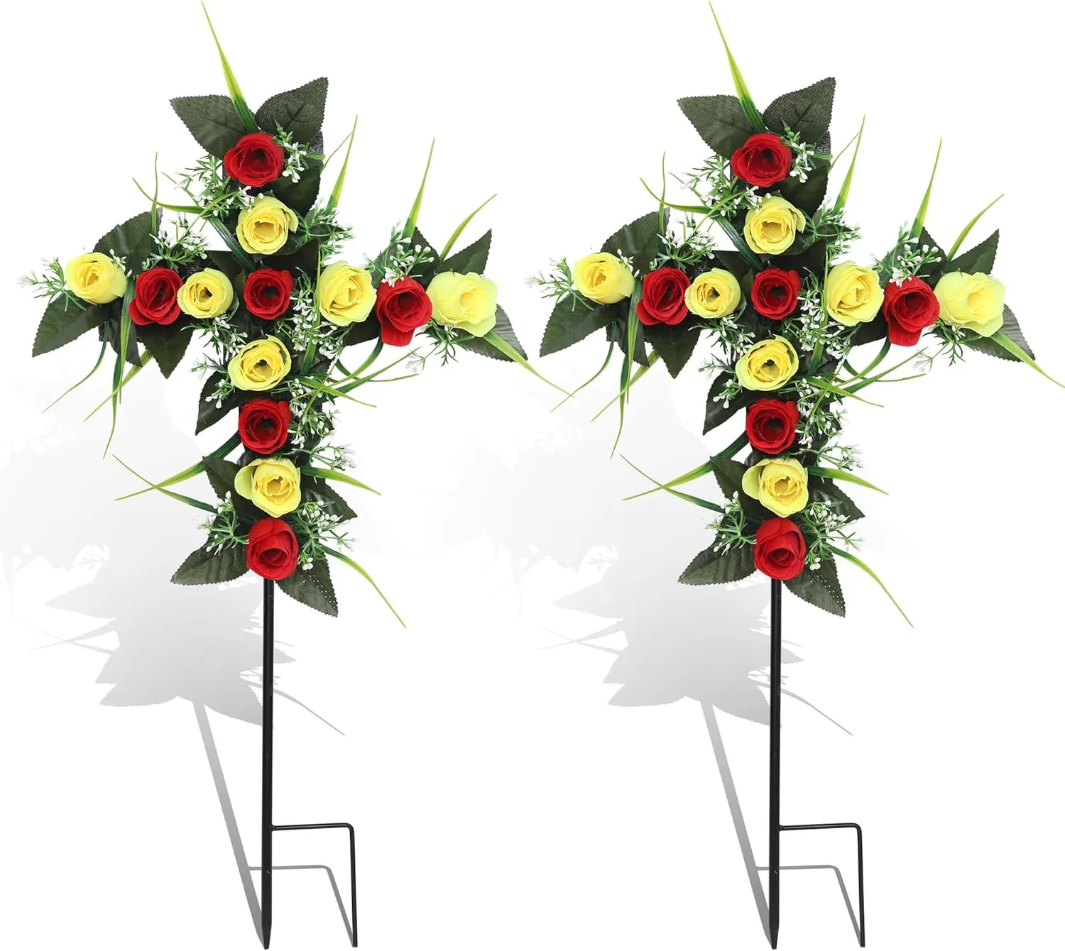2 Sets Artificial Cemetery Flowers,Cemetery Flowers for Grave,Memorial Rose Flowers Bouquet Graveyard Cross Stake for Grave Decoration (Red Yellow)